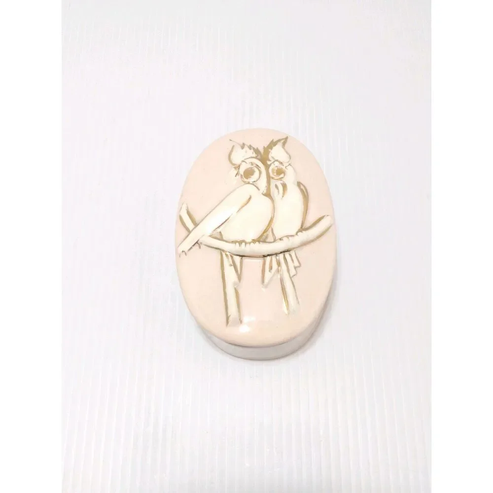 Vintage MCM Ceramic‎ Pink Trinket Box With Lid White Birds On Branch Gold Accent